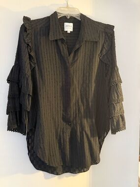 Misa Los Angeles Juana Black Semi-Sheer Button-Down Blouse with Ruffle Sleeves